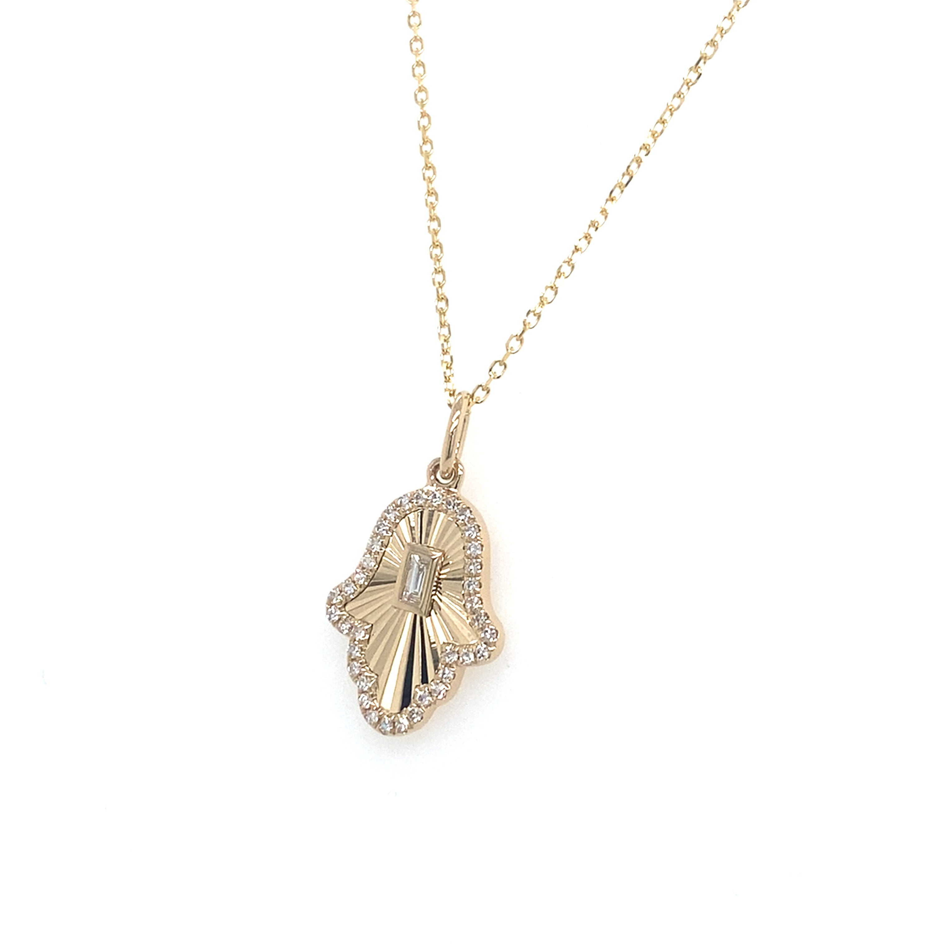 14K Yellow Gold Diamond Hamsa Necklace with Starburst Center