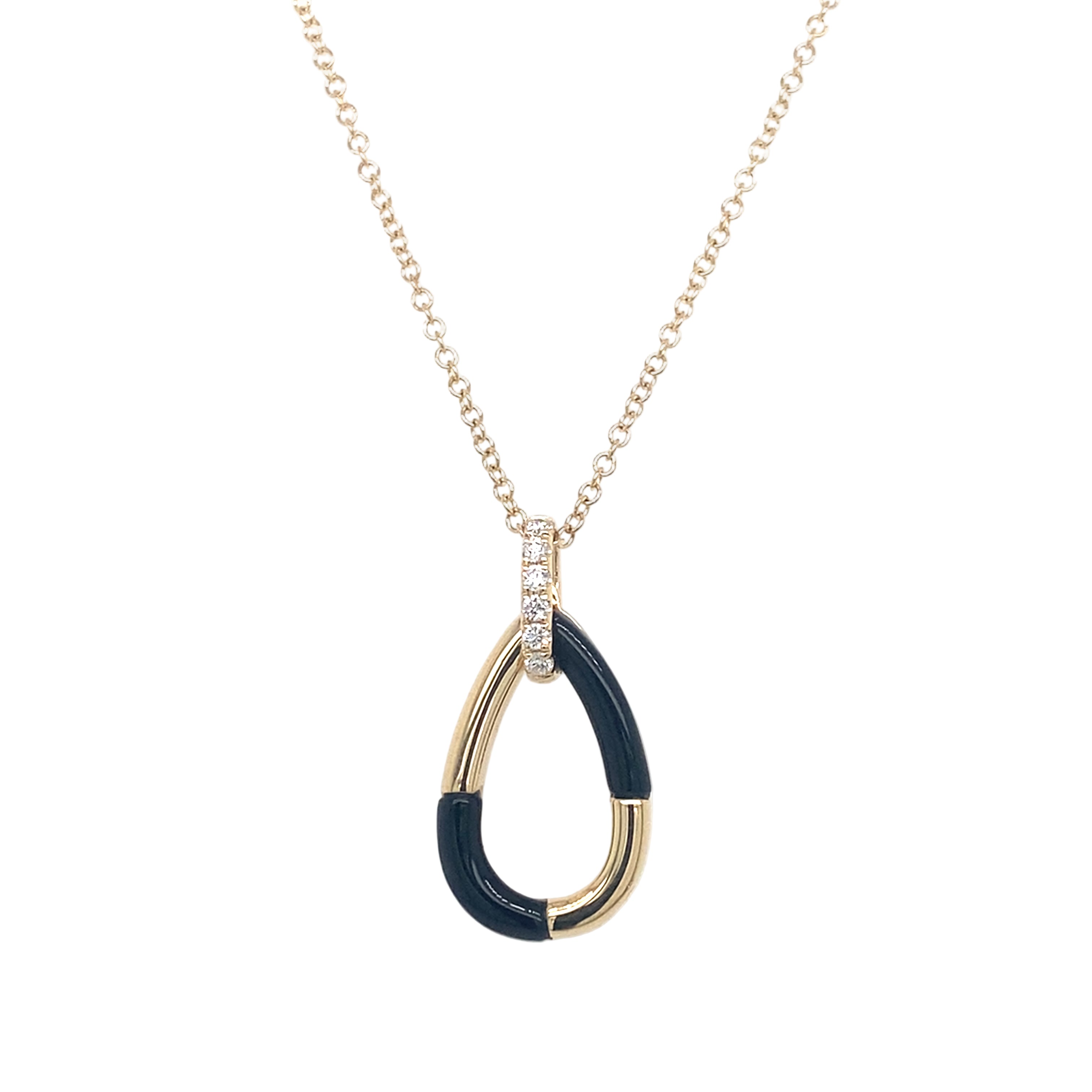 14K Yellow Gold Onyx & Diamond Pear Shape Necklace