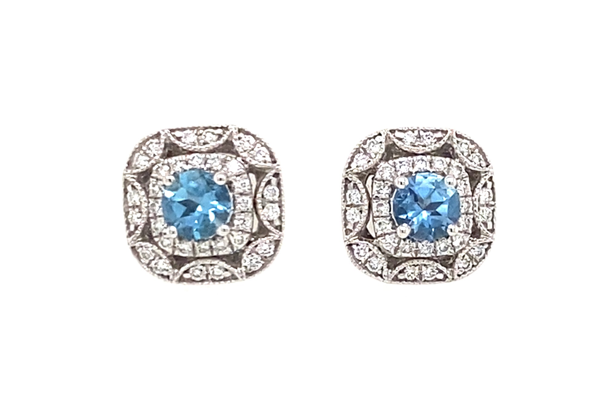 14K White Gold Aquamarine & Diamond Vintage Style Stud Earrings
