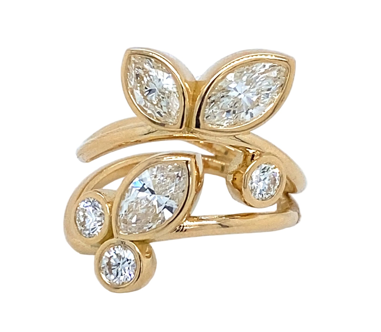 18K Yellow Gold Marquise and Round Diamond Bypass Ring