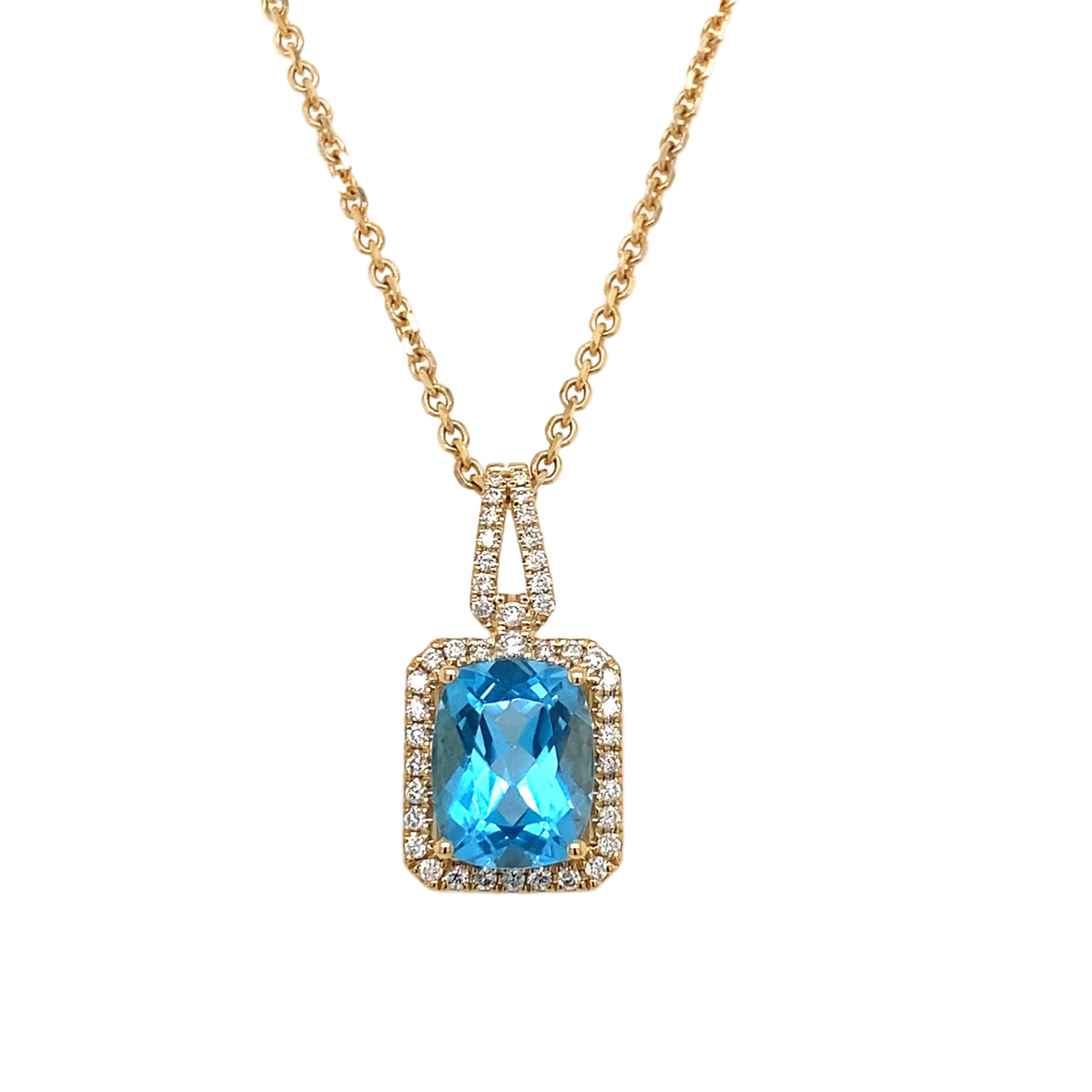 14K Yellow Gold Swiss Blue Topaz & Diamond Halo Necklace