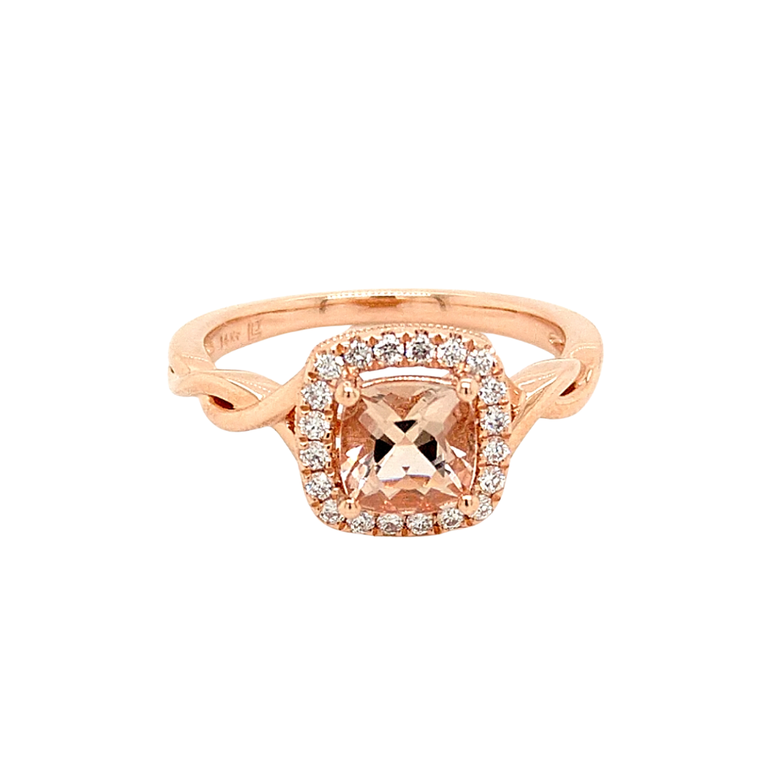 14K Rose Gold Morganite & Diamond Halo Ring