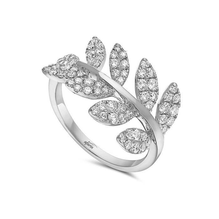 18K White Gold Diamond Pave Leaf Design Ring