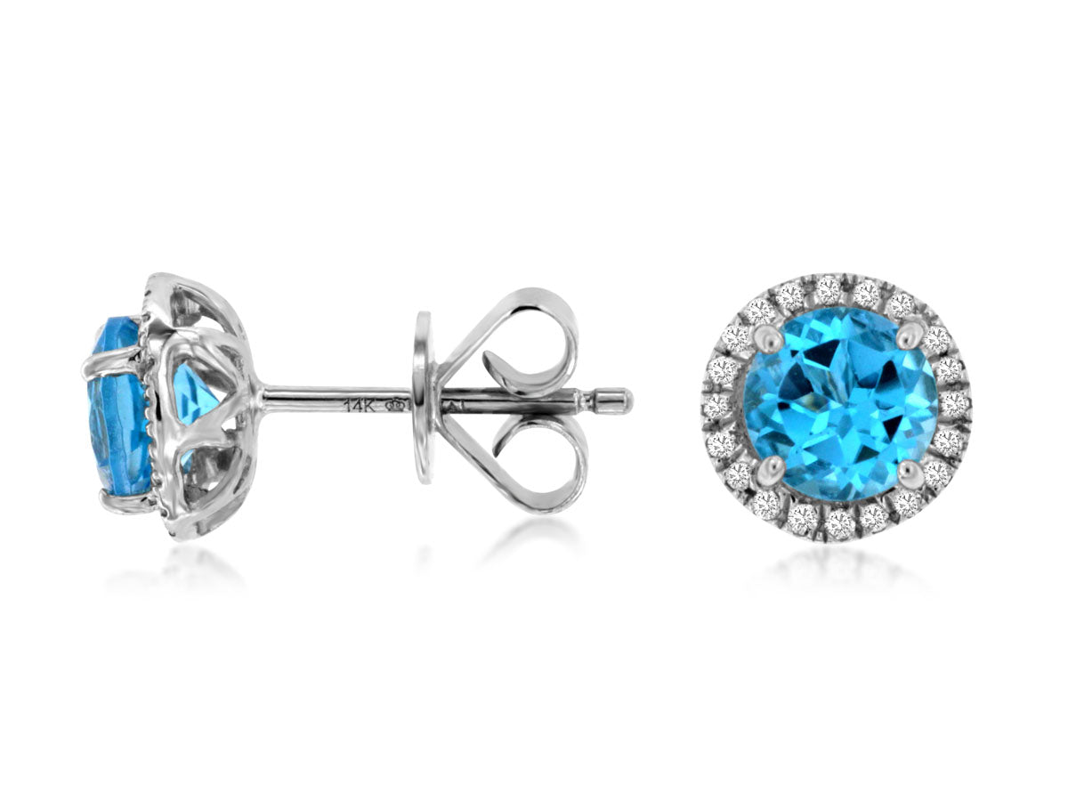 14K White Gold Swiss Blue Topaz & Diamond Halo Stud Earrings