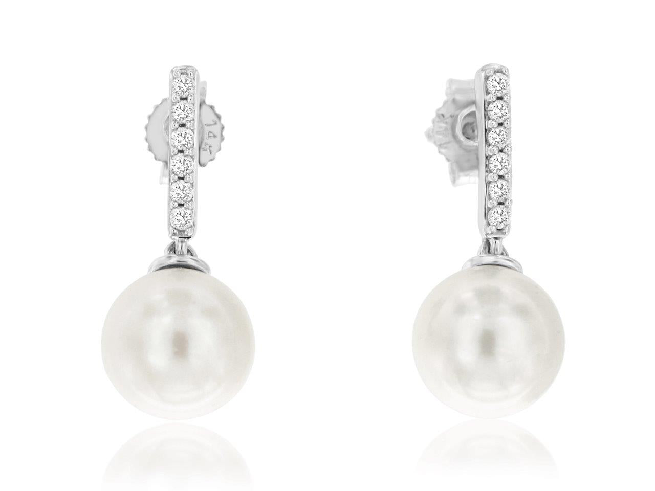 14K White Gold Pearl & Diamond Drop Earrings