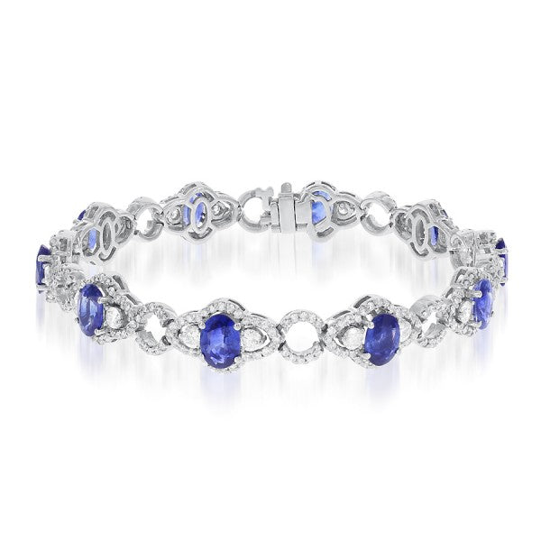 14K White Gold Oval Sapphire & Diamond Tennis Bracelet