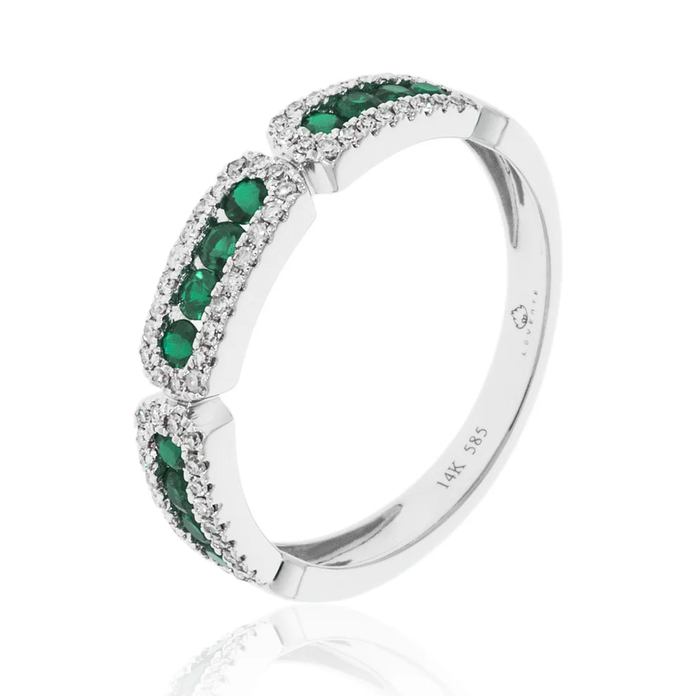 14K White Gold Emerald And Diamond Art Deco Style Ring