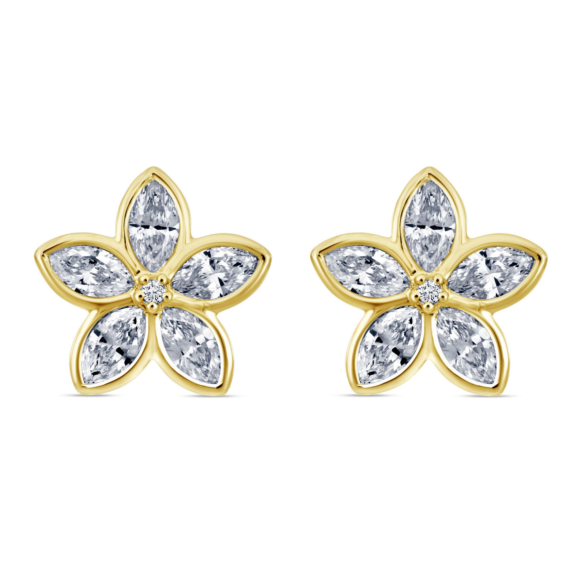 14K Yellow Gold Flower Diamond Marquise Stud Earrings