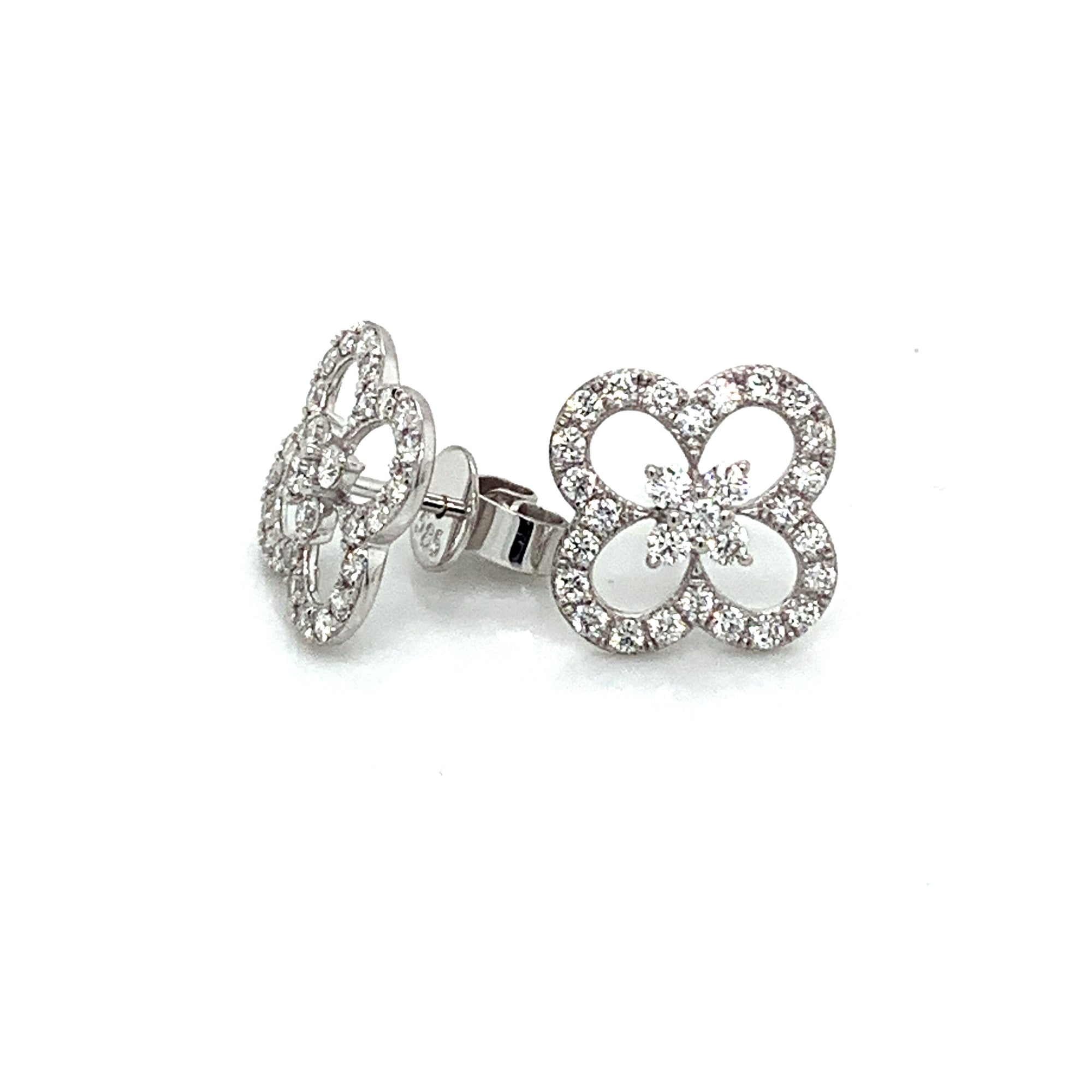 14K White Gold Diamond Clover Design Stud Earrings