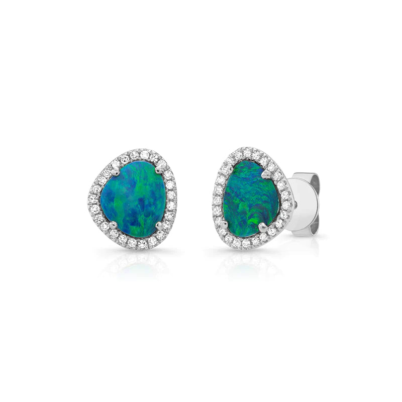 14K White Gold Opal & Diamond Halo Stud Earrings