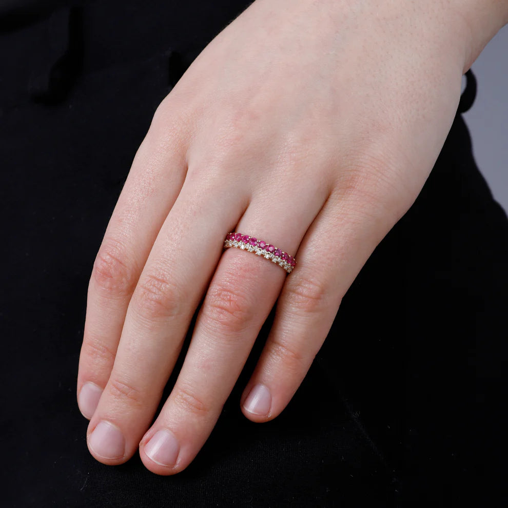 14K White Gold Ruby And Diamond Two Row Ring