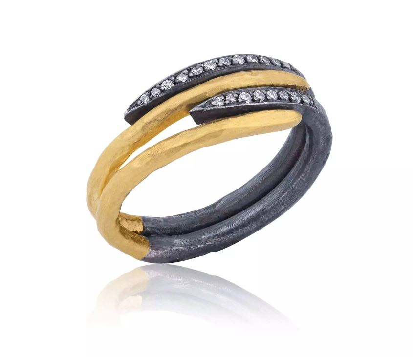 Lika Behar 24K Gold & Oxidized Sterling Silver 4 Layer "Zebra" Diamond Band Ring