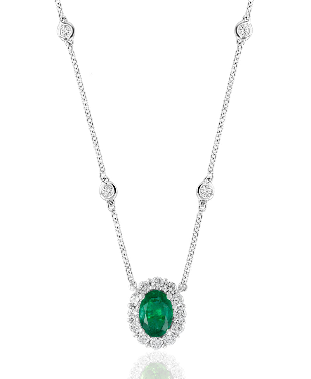 18K White Gold Emerald & Diamond Halo Necklace