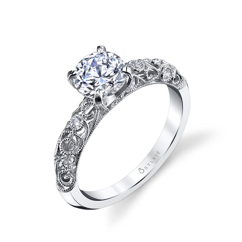 Sylvie 14K White Gold "Jacqueline" Vintage Style Diamond Engagement Ring