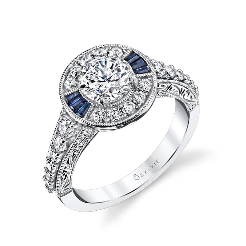 Sylvie 14K White Gold "Marie" Diamond And Sapphire Halo Engagement Ring