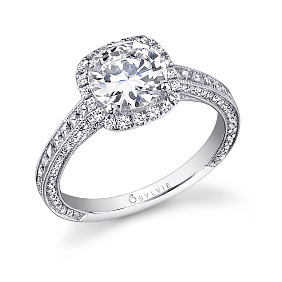 Sylvie 18K White Gold "Elayna" Halo Engagement Ring