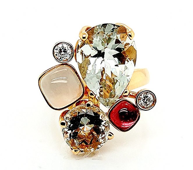 14K Rose Gold Multi-Gemstone & Diamond Cluster Ring