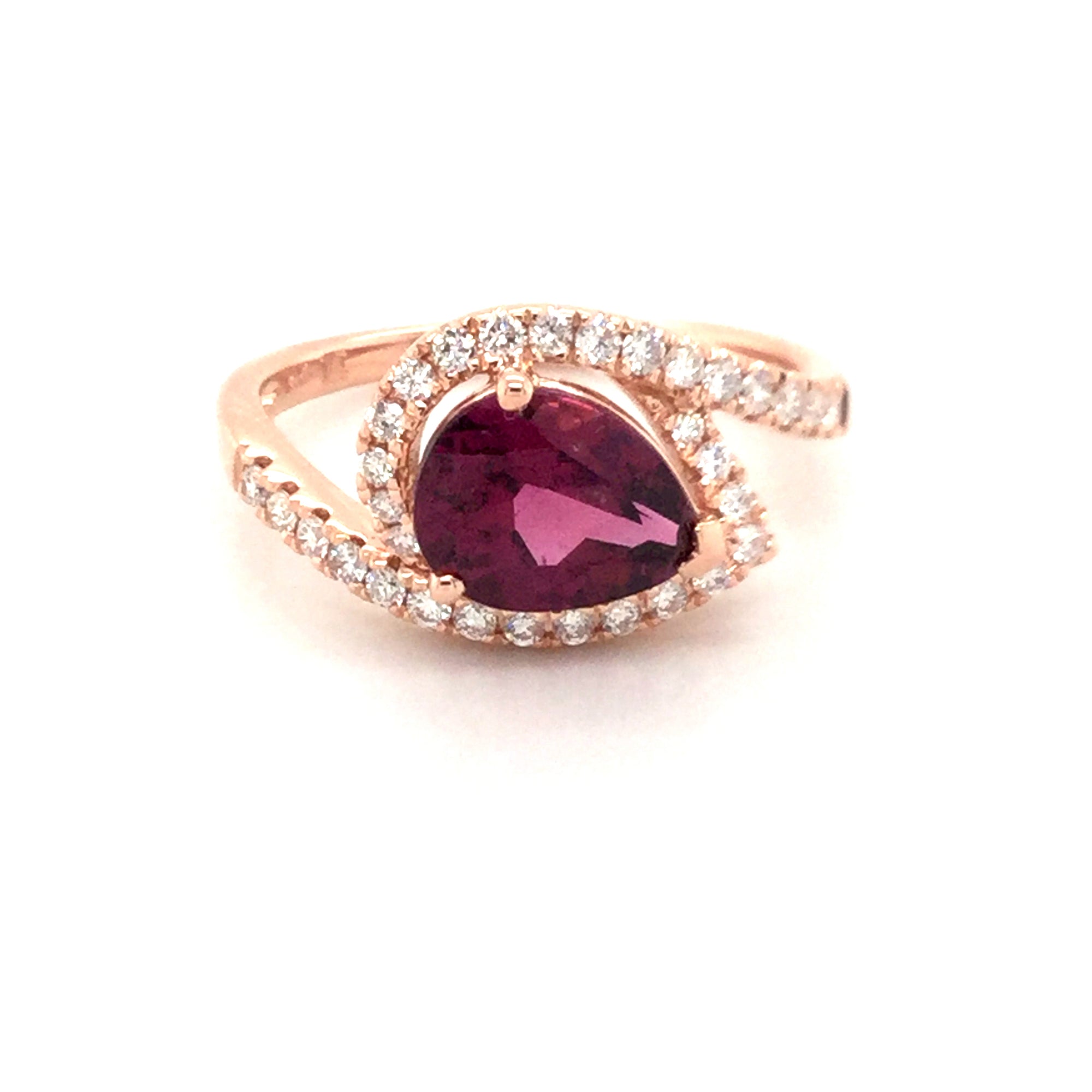 14K Rose Gold Rhodolite Garnet & Diamond Halo Ring