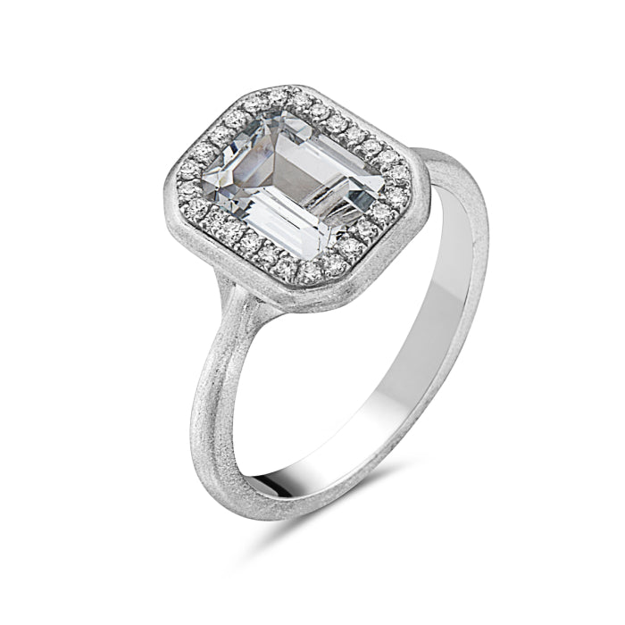 14K White Gold Aquamarine & Diamond Halo Ring with Matte Finish
