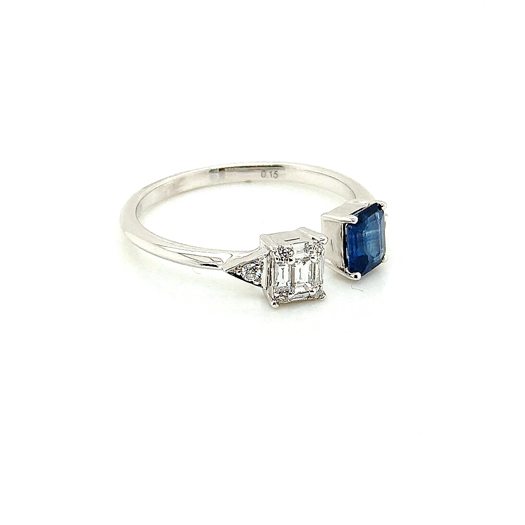 14K White Gold Open Cuff Sapphire & Diamond Ring