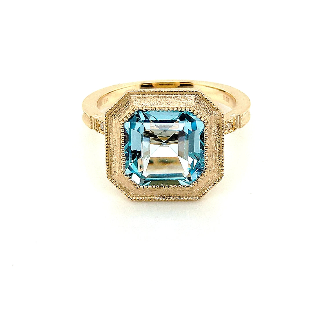 14K Yellow Gold Asscher Cut Swiss Blue Topaz & Diamond Ring