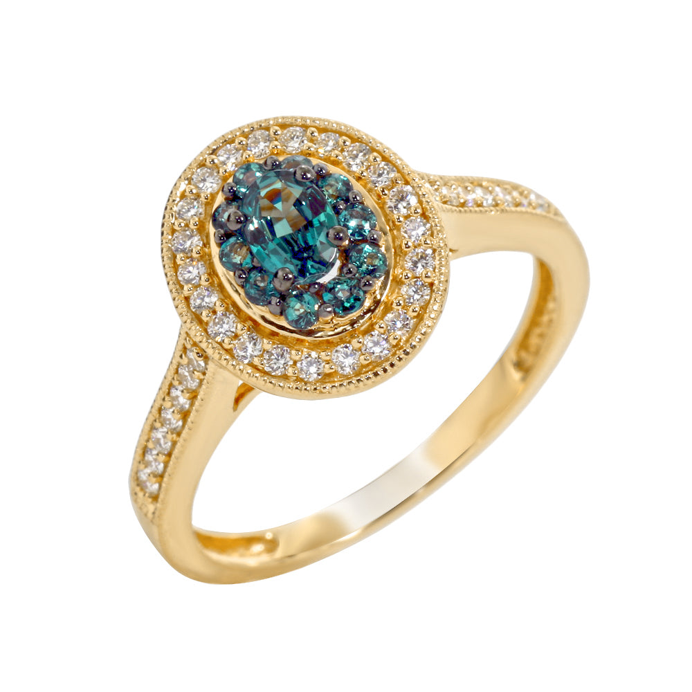 18K Yellow Gold Oval Alexandrite & Diamond Halo Ring