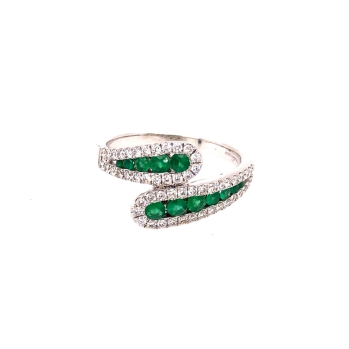 18K White Gold Emerald & Diamond Bypass Ring