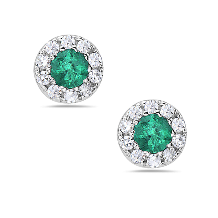 14K White Gold Emerald & Diamond Halo Small Stud Earrings
