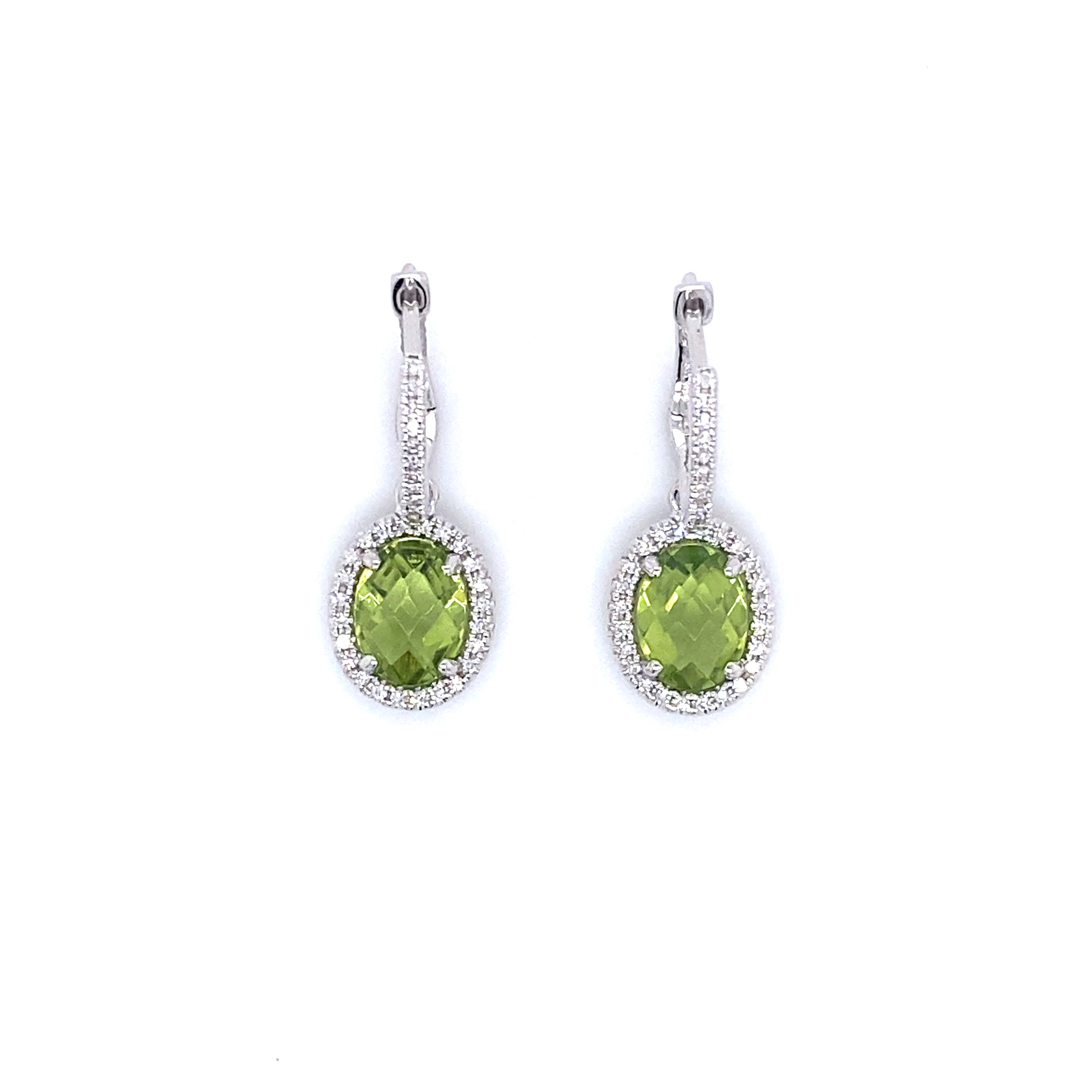 14K White Gold Oval Peridot & Diamond Halo Drop Earrings