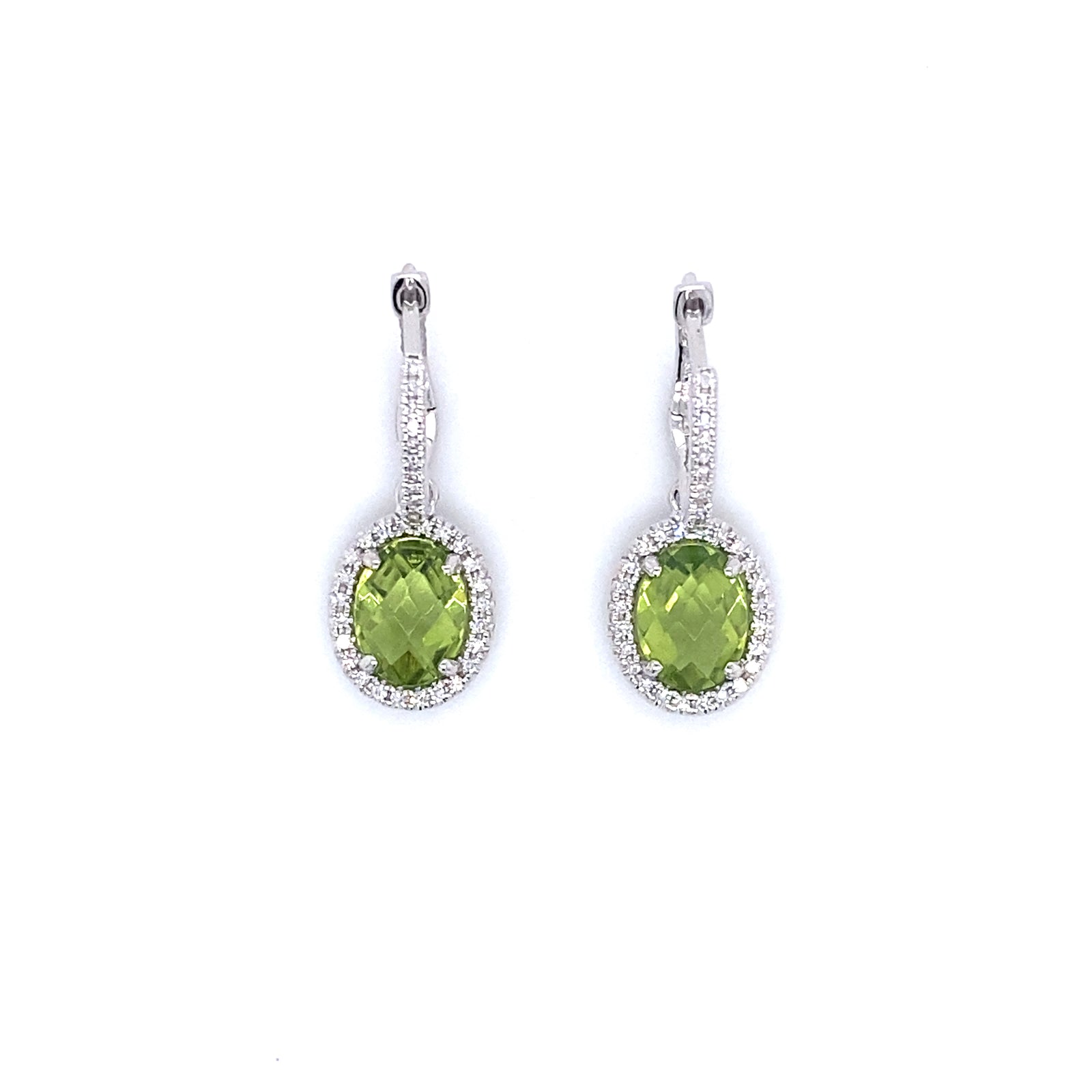 14K White Gold Oval Peridot & Diamond Halo Drop Earrings