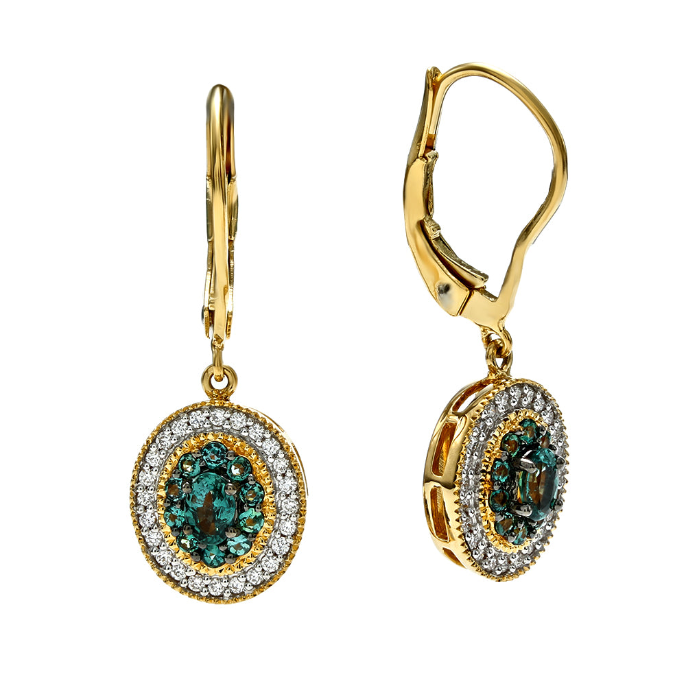 18K Yellow Gold Oval Alexandrite & Diamond Halo Drop Earrings