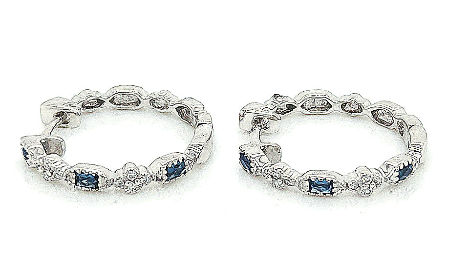 14K White Gold Sapphire & Diamonds Hoop Earrings