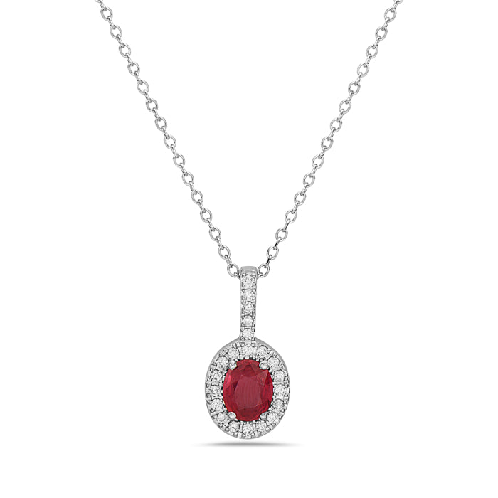 14K White Gold Ruby & Diamond Halo Necklace