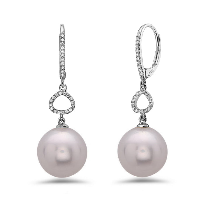 14K White Gold Grey Freshwater Pearl & Diamond Drop Earrings