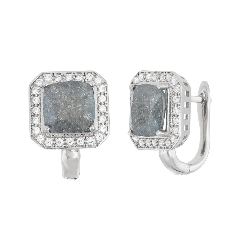 Sterling Silver Square Dark Gray Cubic Zirconia With Halo Earrings