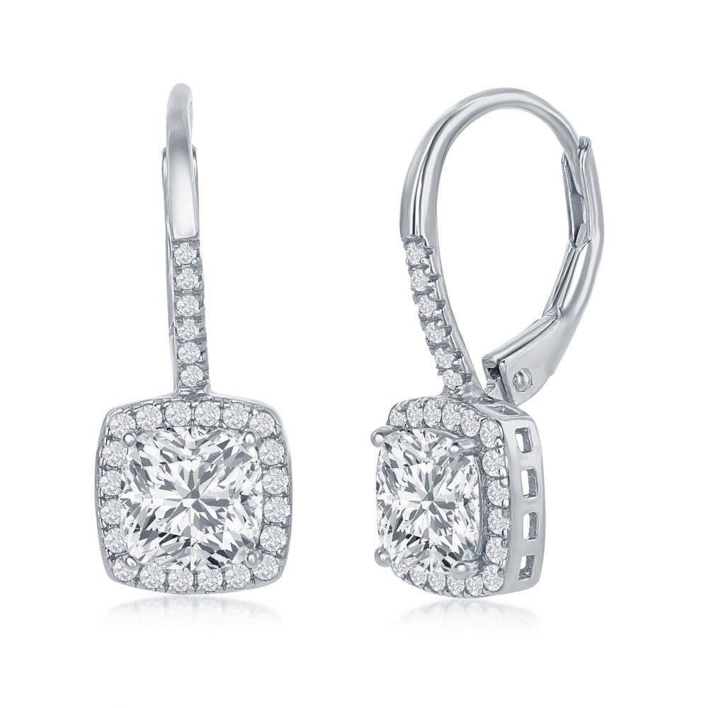 Sterling Silver Cushion Cut Cubic Zirconia Halo Drop Earrings