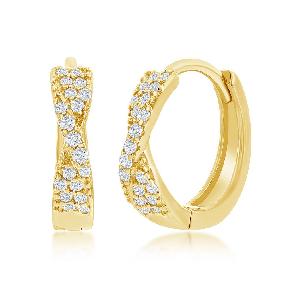 Sterling Silver Gold Plated Crossover Cubic Zirconia Huggie Earrings
