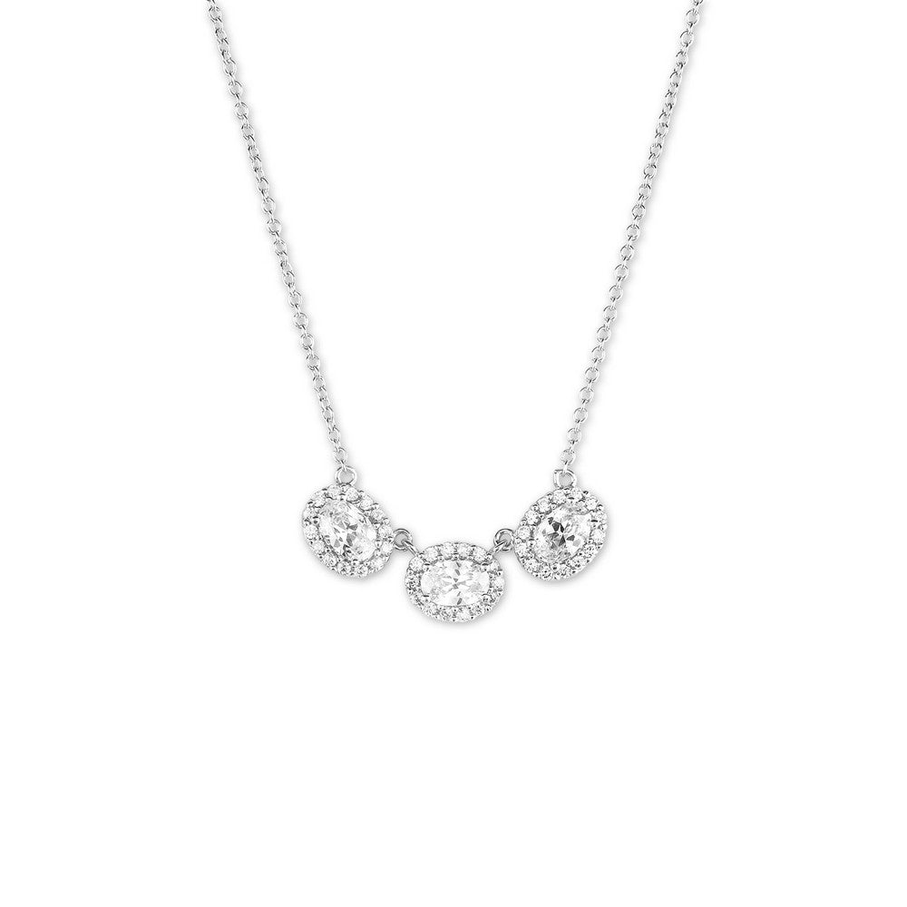 Sterling Silver Oval Halo Three Stone Necklace