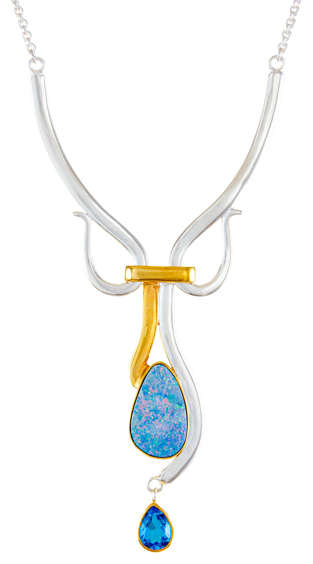Michou One Of A Kind Sterling Silver And 22K Vermeil Opal and Sky Blue Topaz Necklace