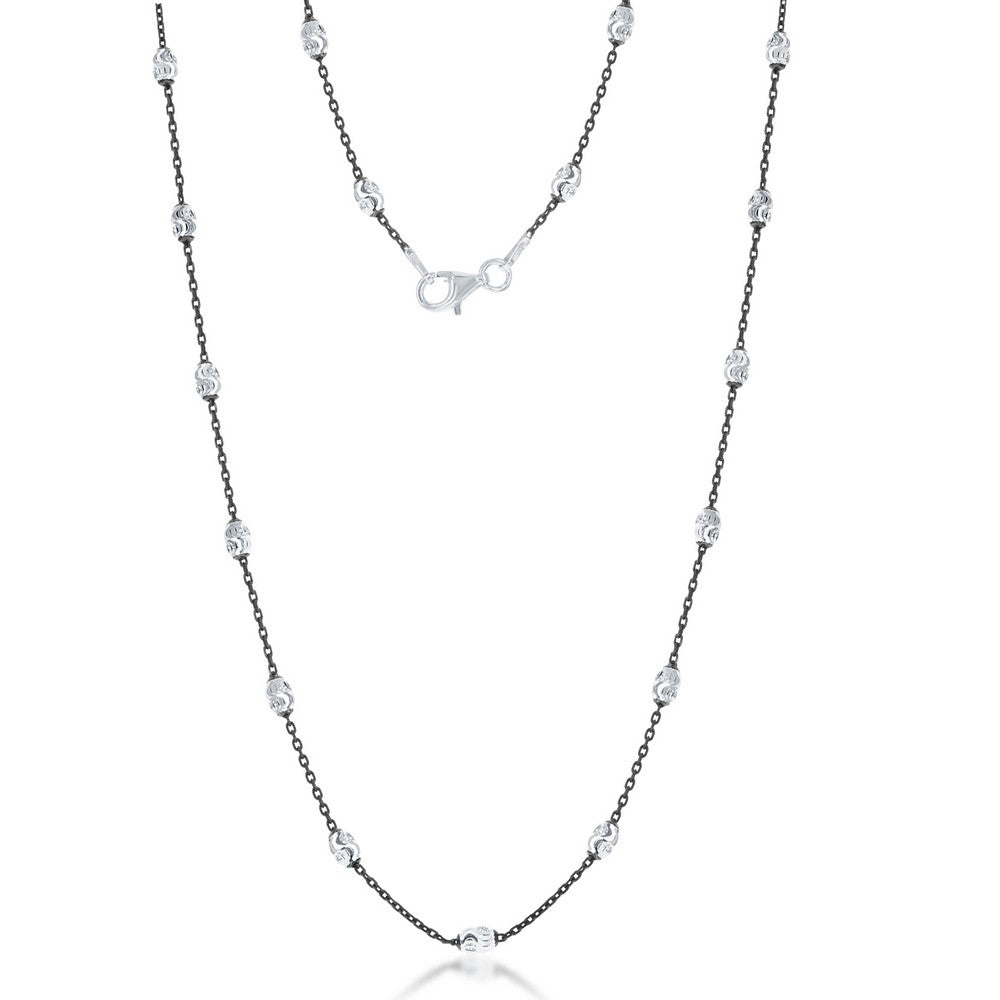 Sterling Silver Black Rhodium Diamond Cut Oval Moon Bead Necklace