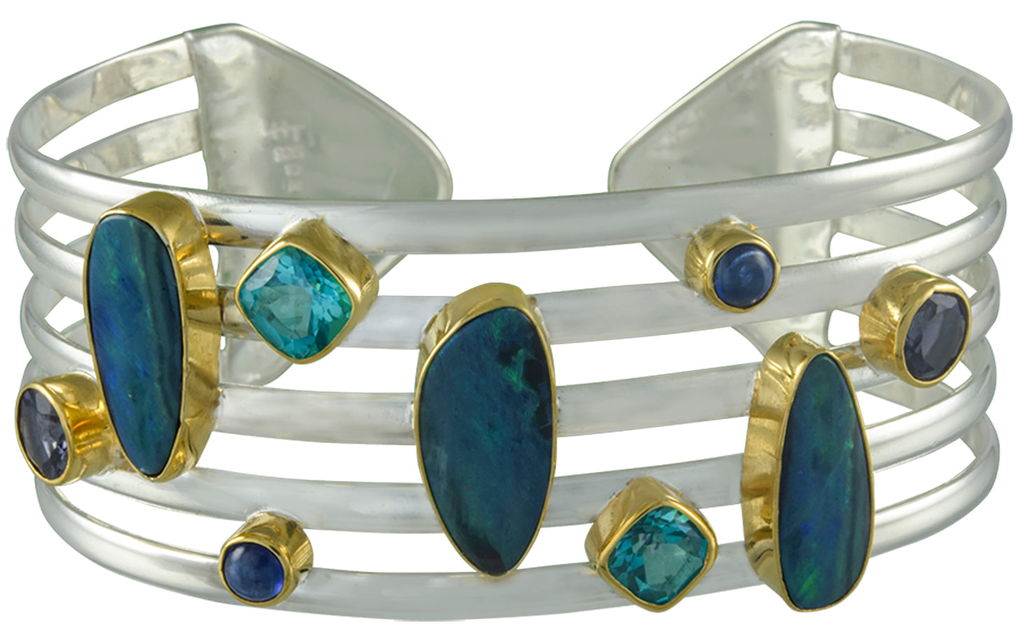 Michou Sterling Silver & Vermeil Cuff Bracelet with Opal, Paraiba Topaz, Blue Kyanite