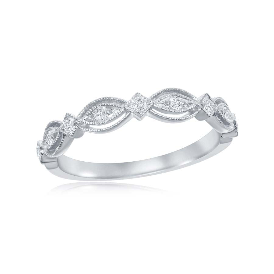 14K White Gold Diamond & Milgrain Edge Stackable Ring