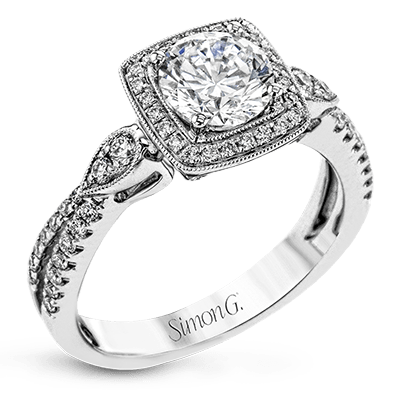 Simon G. 18K White Gold Diamond Engagement Ring with Cushion Halo