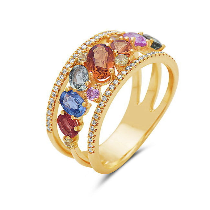 14K Yellow Gold Rainbow Sapphire & Diamond Ring