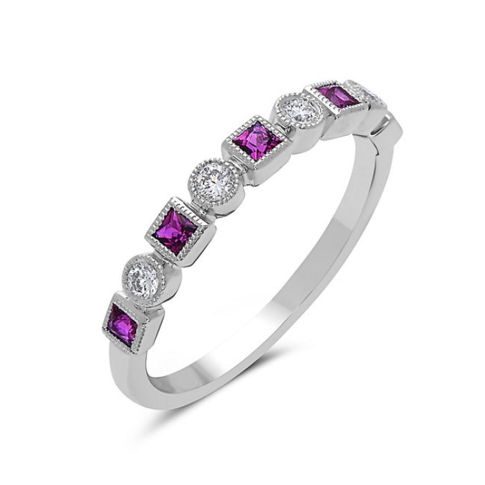 14K White Gold Ruby & Diamond Stackable Ring
