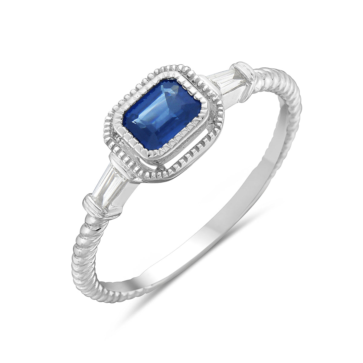 14K White Gold Blue Sapphire & Diamond Bezel Ring