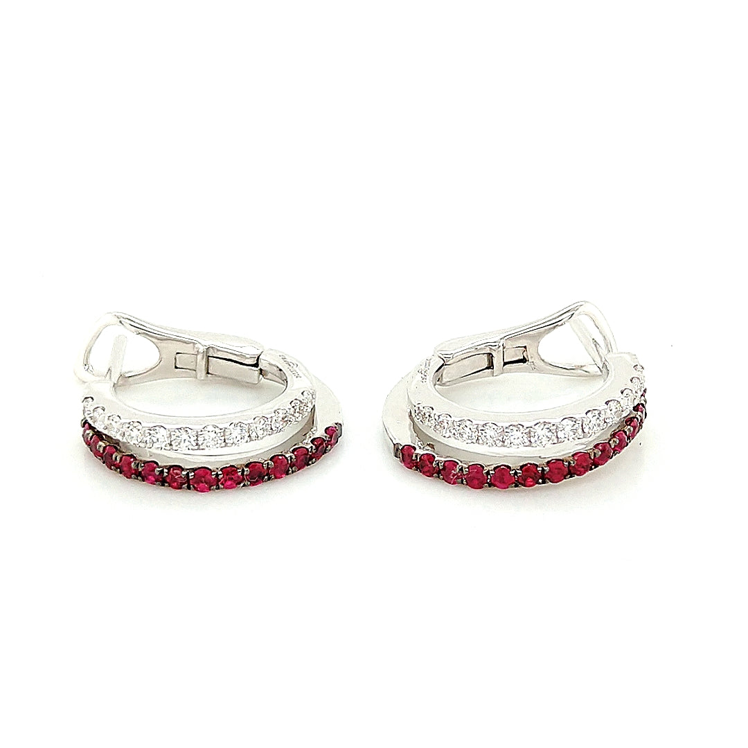 18K White Gold Ruby & Diamond Hoop Earrings