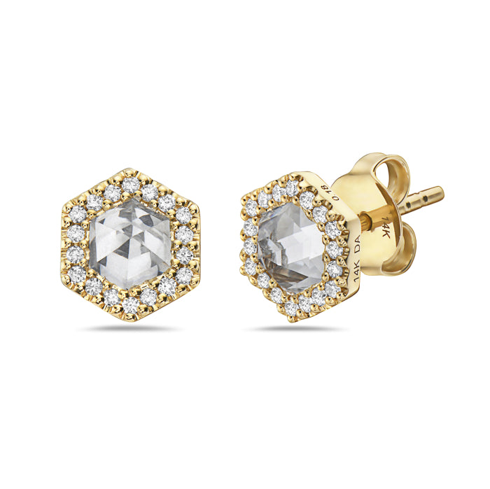 14K Yellow Gold White Topaz with Diamond Halo Stud Earrings