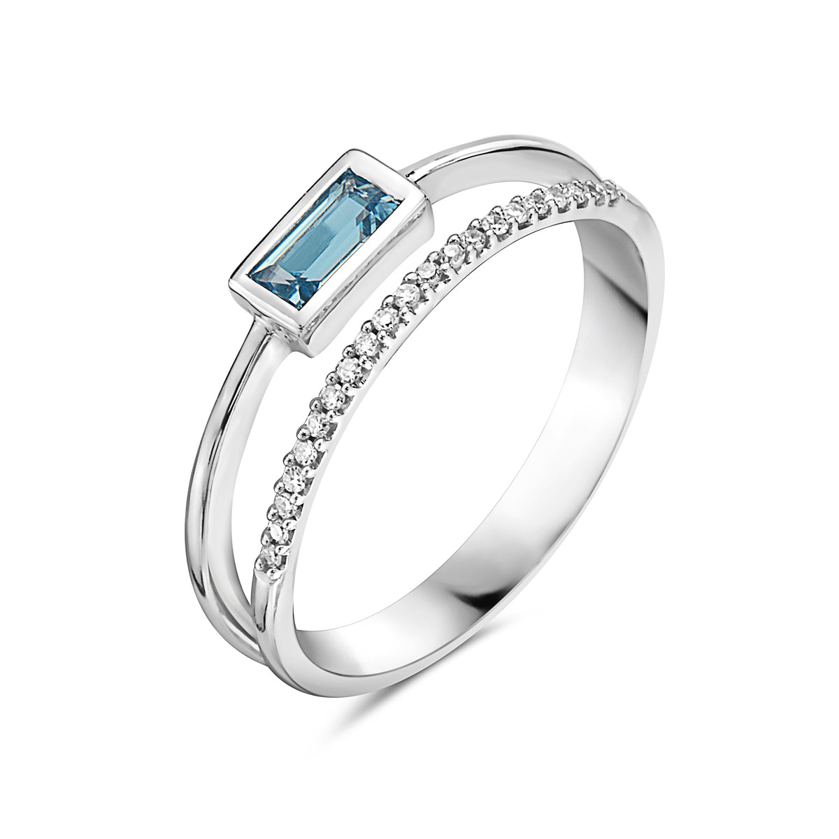 14K White Gold Blue Topaz & Diamond Two Row Ring