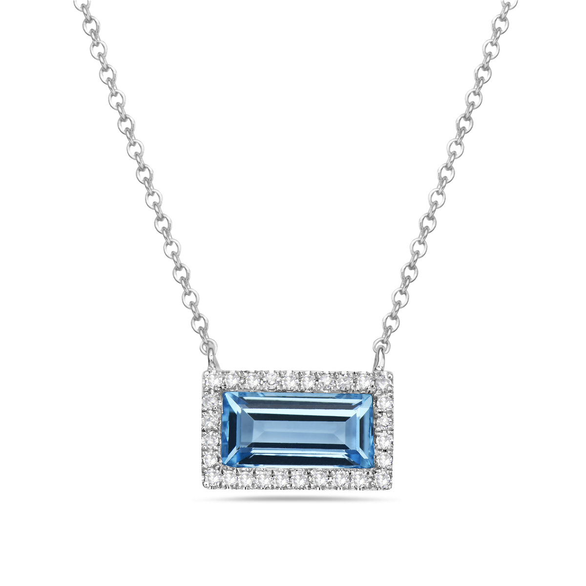 14K White Gold Emerald Cut Blue Topaz & Diamond Halo Necklace